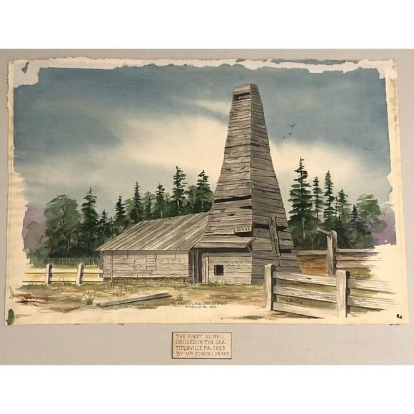 21.75"x15.25" Original Watercolor PAINTING First Oil Well by JOYCE GILBERT 1981 - Picture 1 of 8